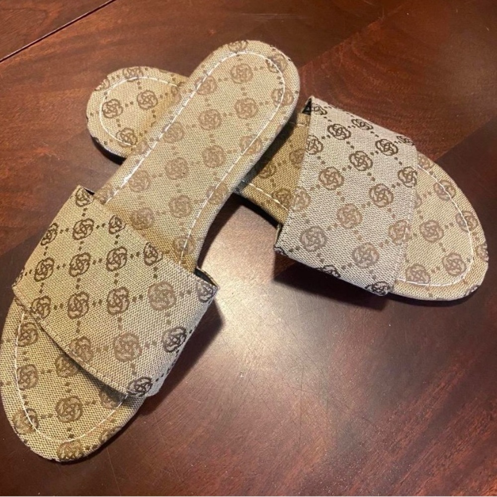 Tan and cream Gucci-style sandals
